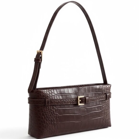 Abercrombie & Fitch Y2K Baguette Brown Vegan Crocodile Belted Shoulder Bag Purse - Picture 1 of 14